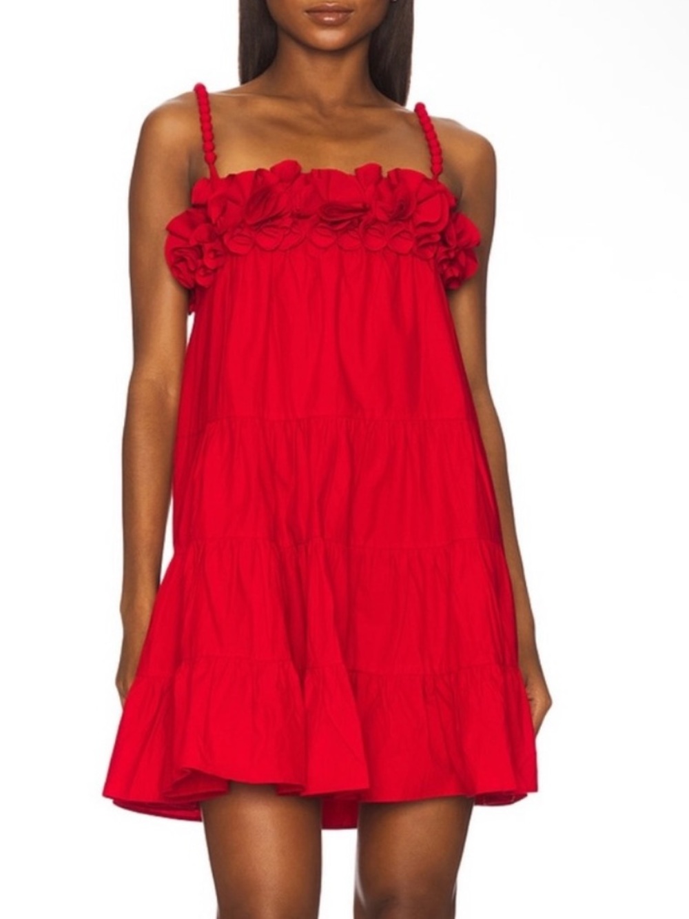 SAYLOR Carie Dress Poppy Red 3D Floral Rosette Tiered Swing Mini Dress
